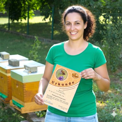 Frau mit Urkunde vor Bienenstöcken